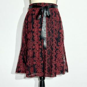 JOE B Skirt Womens Lined Elastic Waist Lace Black/Red With Ribbon Tie Geometric